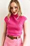 Women's Fuchsia Stand Collar Stitching Detailed Crop Blouse Blz-19003005 - 2