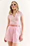 Women's Candy Pink Pocket Lined Washed Linen Shorts Şrt-19000056 - 7