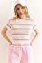 Women's Ecru Pink Crew Neck Striped Pleated Blouse Blz-19002893 - 3