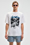 Benfica Men's 100% Organic Cotton Printed Detailed Oversize Short Sleeve Crew Neck White T-Shirt - 3
