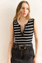 Women's Black Snap Fastener Striped Stretchy Crop Blouse Blz-19002994