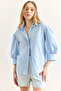 Women's Blue Hidden Placket Balloon Sleeve Terry Cotton Shirt Gml-19001280 - 5