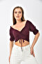 Plum Crop Blouse with Gathered Front Collar and Sleeve Elastic Detail