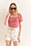 Women's Red Striped Striped Crop Knitted Blouse Blz-19002993 - 4