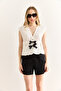 Women's White Bow Detailed Bottom Jumpsuit Textured Blouse Blz-19002997 - 2