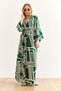 Women's Geometric Green Double Breasted Collar Elastic Waist Maxi Slit Viscose Dress Elb-19002383 - 6