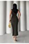 Dark Khaki Sandy Fabric Slit Detailed Buckle Midi Dress – Fitted Modern Chic 7340 - 4
