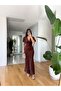 Brown Satin Textured Midi Dress with V-Neck – Your Stylish and Elegant Event Style 144