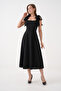 Stretchy Crepe Fabric Strapless Neckline Lacing Strap Detailed Flared Cut Midi Length Black Evening Dress 77127 - 5
