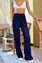 Women's Navy Blue Seersucker Fabric Trousers - 5