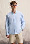 Lasse Men's Shirt Collar Cuffed Long Sleeve Regular Fit Linen Blended Blue Shirt