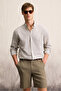 Lasse Men's Shirt Collar Cuffed Long Sleeve Regular Fit Linen Blended Khaki Shirt