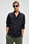 Perttu Men's 100% Cotton Slim Fit Slim Fit Buttoned Collar Linen Look Flared Black Shirt - 3