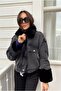 Women's Denim Coat with Fur Collar and Sleeves - 3