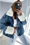 Women's Denim Coat with Fur Collar and Sleeves - 5