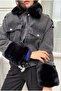 Women's Denim Coat with Fur Collar and Sleeves - 7