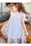 Girl's Floral Patterned 100% Cotton Lined White Chiffon Summer Dress with Elastic Sleeves - 6