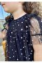 Girl's Star Patterned 100% Cotton Lined Black Chiffon Summer Dress with Elastic Sleeves - 7