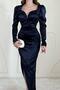 Navy Blue Satin Dress with Breast Cups and Slit Detail - 3