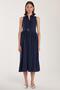 Women's Standard Fit Buttoned Waist Tie Shirt Collar Navy Blue Dress