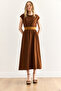 Women's Brown Elastic Waist Bat Combed Cotton Dress Elb-19001509 - 5