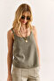 Women's Khaki Strap Accessory Washed Buckle Linen Blouse Blz-19002991 - 4