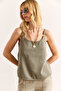 Women's Khaki Strap Accessory Washed Buckle Linen Blouse Blz-19002991 - 5