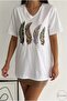 Women's White 100% Cotton Leaf Sequin Embroidered Large Size V-Neck T-Shirt Xl-2Xl-3Xl - 2