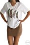 Women's White 100% Cotton Leaf Sequin Embroidered Large Size V-Neck T-Shirt Xl-2Xl-3Xl - 4