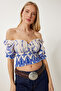Women's Cream Blue Patterned Carmen Collar Stretchy Crop Knitted Blouse Zh00051 - 3