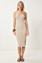 Women's Beige Halter Neck Slit Stretchy Knitwear Dress Ns00447