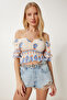 Women's Cream Orange Patterned Carmen Collar Flexible Crop Knitted Blouse Zh00051 - 2