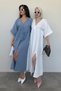 White 100% Cotton V-Neck Knit Detail Slit Dress Sh227 - 8