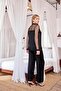 Lace and Tulle Long Sleeve Button Front Satin Pajama Set - 5