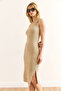 Women's Beige Garnished Slit Cotton Stretchy Knitted Dress Elb-19002403 - 4