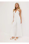 Women's Plus Size White, Chiffon Detailed, Deep Neck Stylish Jumpsuit 65N38960