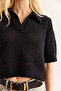Women's Black Polo Neck Openwork Cotton Knitwear Blouse Blz-19002986 - 6