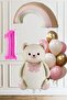 1 Year Old Birthday Cream Bow Tie Bear Pink Rainbow and Balloon Set with 10 Balloons