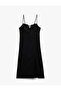 Slim Fit Linen Viscose Blended Strap Midi Dress with Ruffled Slit Detail - 3
