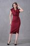 Women's Stretchy Crepe Fabric Padded Shoulder Wrap Cut Shiny Buckle Decorated Collar Midi Burgundy Dress 77119 - 5
