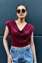 Padded Shoulder Flexible Sandy Fabric Degaje Collar Crop Burgundy Blouse 8113