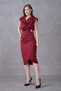 Women's Stretchy Crepe Fabric Padded Shoulder Wrap Cut Shiny Buckle Decorated Collar Midi Burgundy Dress 77119 - 6