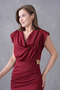 Women's Stretchy Crepe Fabric Padded Shoulder Wrap Cut Shiny Buckle Decorated Collar Midi Burgundy Dress 77119