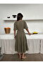 Women's Khaki Lined V-Neck Stylish Patterned Muslin Fabric Short Sleeve Dress - 7