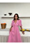 Women's Pink Lined V-Neck Stylish Patterned Muslin Fabric Short Sleeve Dress - 3