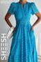 Turquoise Blue Perforated Long Dress with Scallop Detail - 5