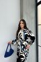 Women's Black Blue Patterned Long Sleeve, Belted, Long Viscose Shirt Dress - 4