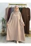 Side Gathered Dress, Souffle Scarf Set, Jilbab, Abaya, Hijab (Suitable for Hajj and Umrah) Beige - 4