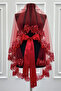Red Bridal Veil Set with Sparkling Crystal Glass Beads and Sequins Embroidered Henna Veil 6 Pieces - 2