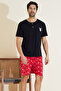 Black Patterned Crew Neck Knitted Shorts Suit 25109646 - 2